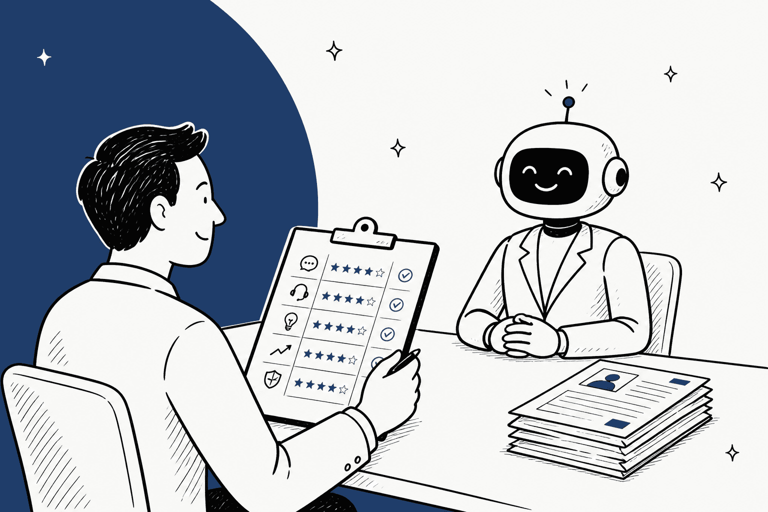 Hand-drawn illustration of a support lead holding a scored checklist on a clipboard while interviewing a friendly robot across a desk, with a stack of past support tickets on the table