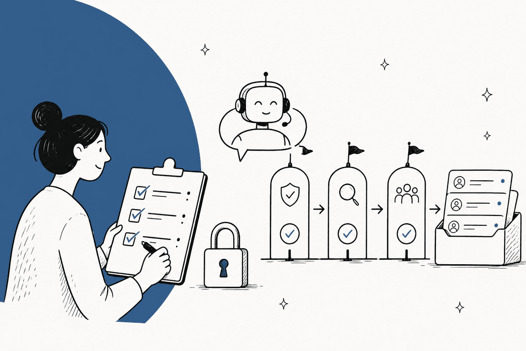 Hand-drawn illustration of a reviewer with a checklist, a padlock, an AI support agent and three approval gates leading to a ticket queue