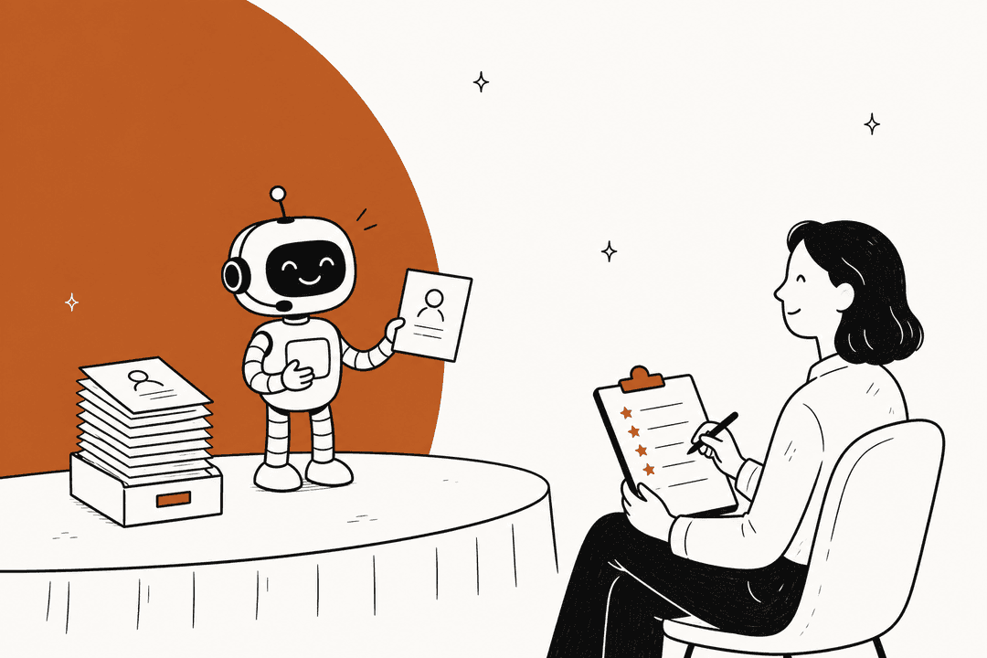 Hand-drawn illustration of a small support robot on a stage holding up an old ticket from a stack while a person in a chair scores it on a clipboard, on a copper background