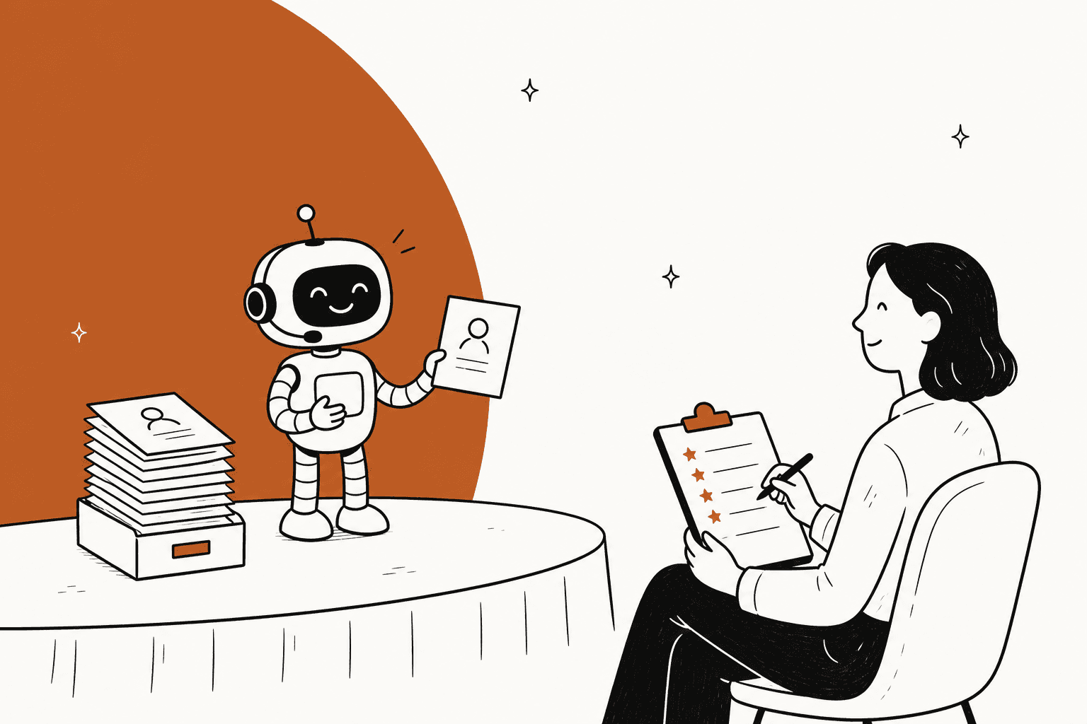 Hand-drawn illustration of a small support robot on a stage holding up an old ticket from a stack while a person in a chair scores it on a clipboard, on a copper background
