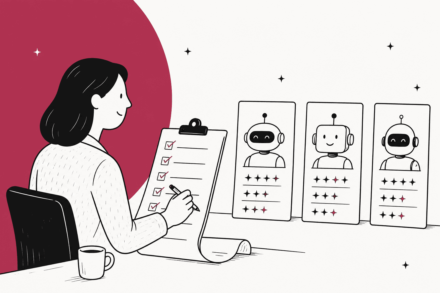 Hand-drawn illustration of a support lead ticking a long clipboard checklist while three robot vendor cards with star ratings wait to be scored