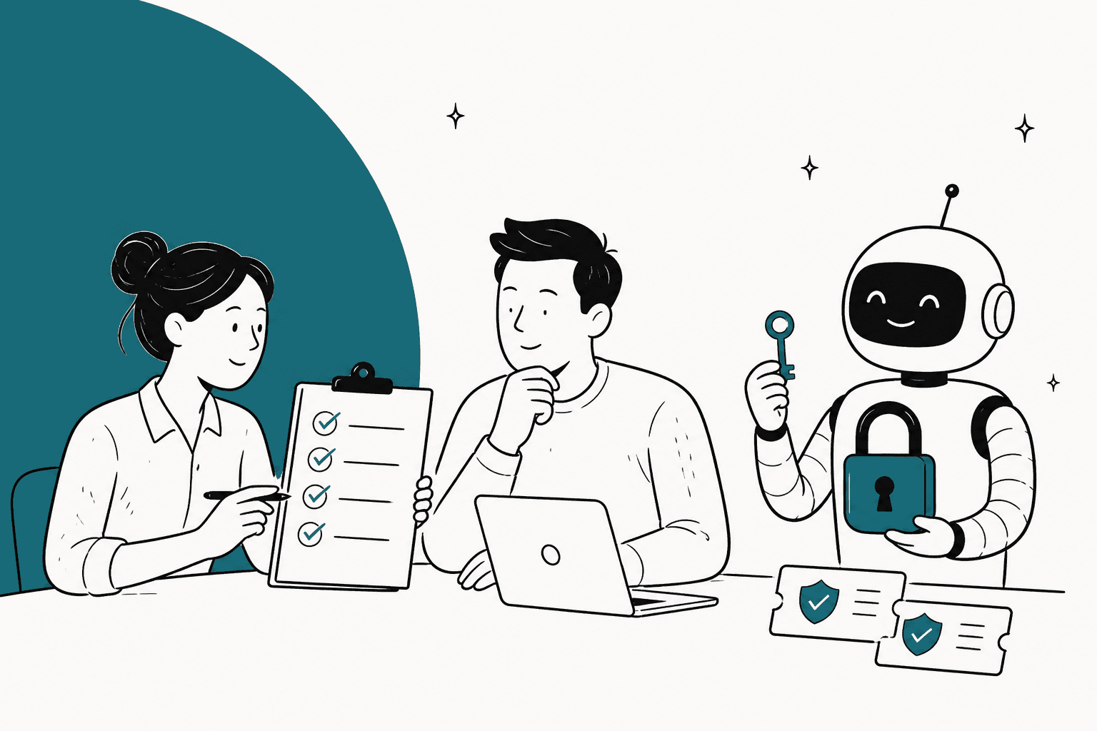 Hand-drawn illustration of a support lead and a security reviewer going through a checklist while a friendly robot holds a padlock and key