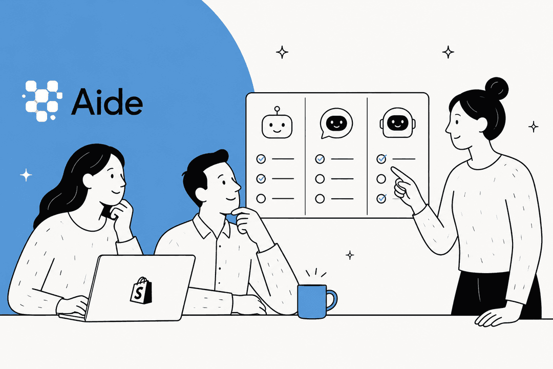 Hand-drawn illustration of a Shopify support team comparing three AI support options on a board, next to the Aide logo on a blue shape