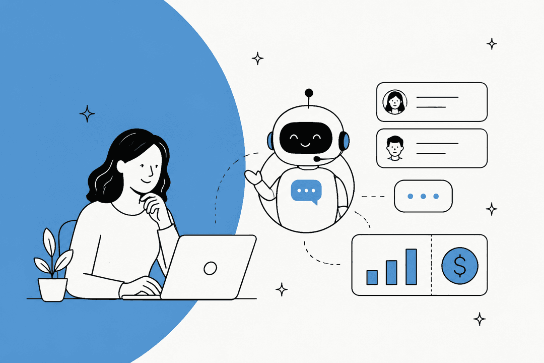 Hand-drawn illustration of a support lead at a laptop next to a friendly AI support agent, customer conversation cards and a small cost chart, for an Aide AI pricing breakdown
