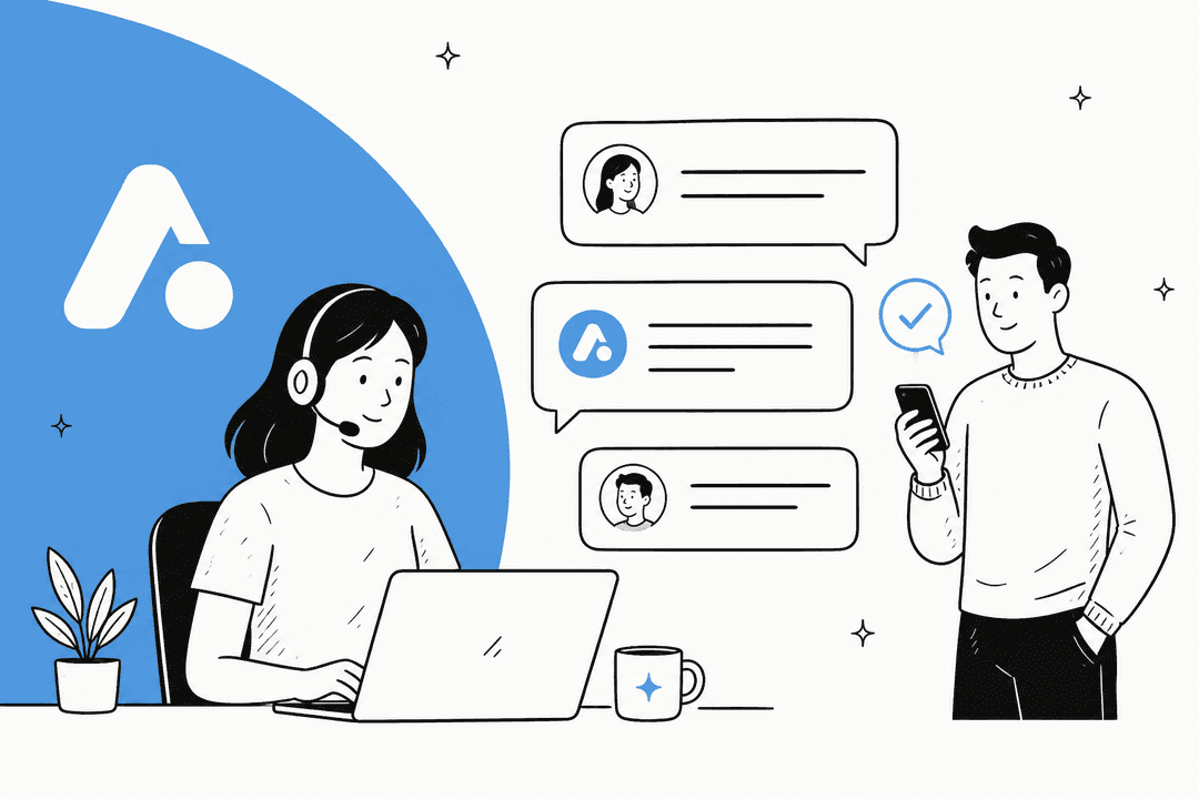 Hand-drawn illustration of a support agent at a laptop and a shopper on a phone, with chat bubbles between them and the Aide logo on a blue background, for an Aide AI review