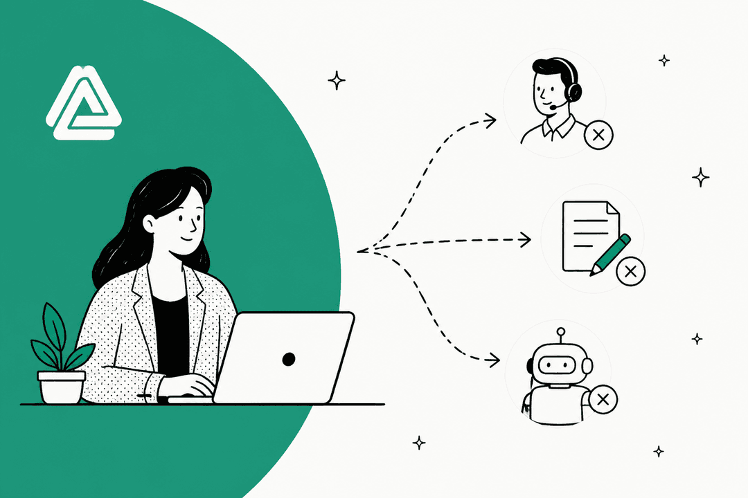 Hand-drawn illustration of a support lead at a laptop weighing three paths, a human agent, a drafted reply and an AI agent, next to the Aissist logo on a green shape