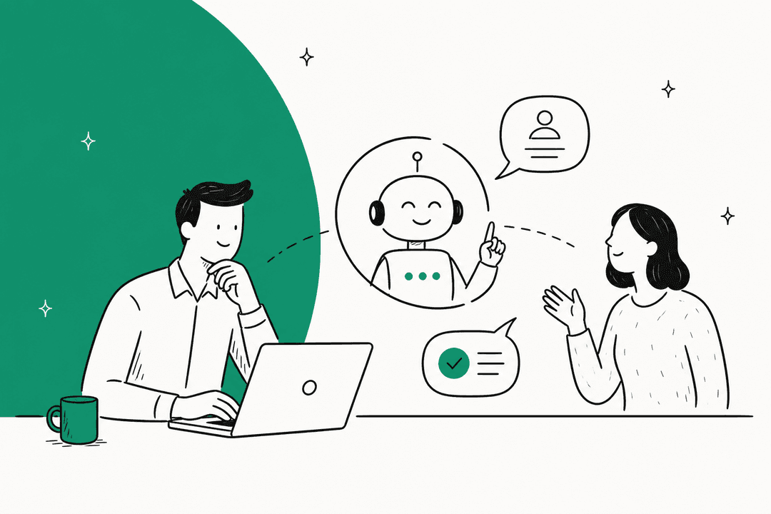 Hand-drawn illustration of a person at a laptop, a friendly AI agent and a customer, beside a large green half circle