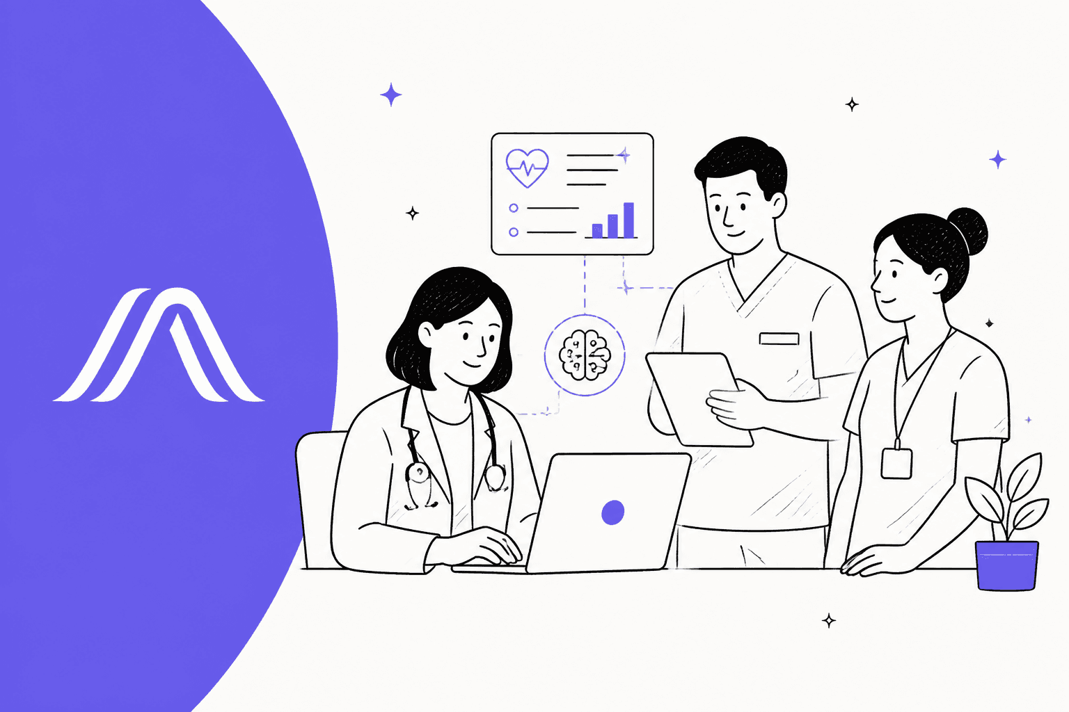 Hand-drawn illustration of clinicians reviewing an AI medical scribe on a laptop beside the Ambience logo
