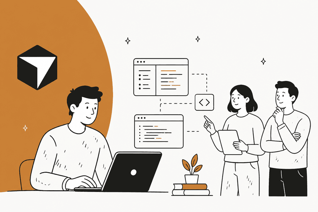 Illustration of developers comparing AI coding tools beside a Cursor logo on an orange backdrop