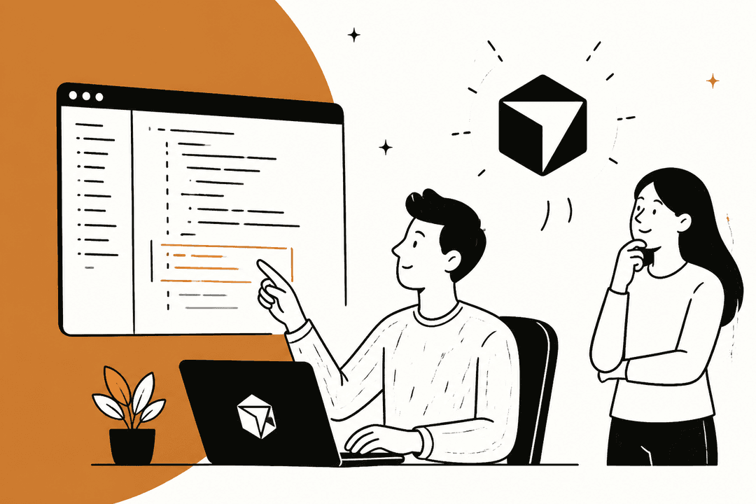 Illustration of developers reviewing code in an editor beside a Cursor logo on an orange backdrop