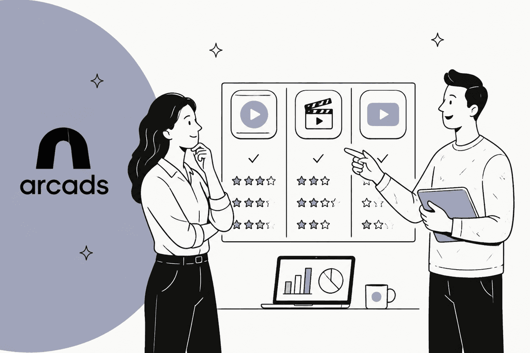 Hand-drawn illustration of two marketers comparing AI video ad tools next to the Arcads logo