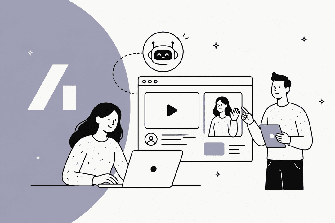 Hand-drawn illustration of marketers reviewing an AI actor video ad next to the Arcads logo