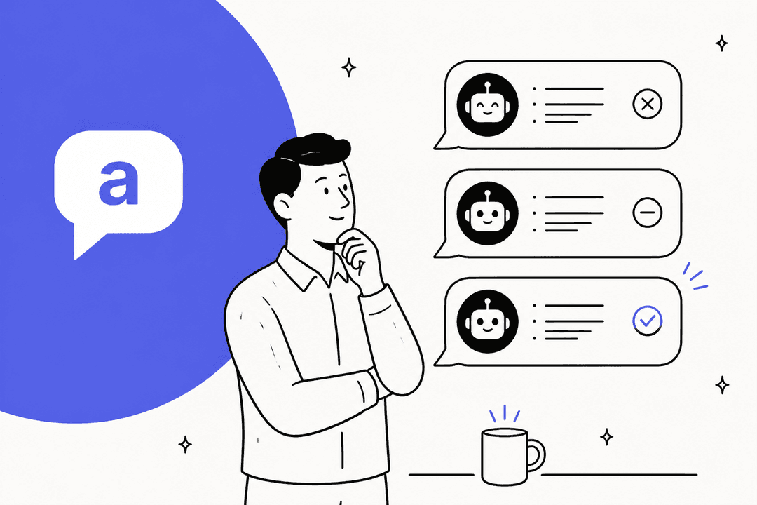Asyntai alternatives hero banner, a man choosing between three website chatbot reply cards next to the Asyntai speech-bubble logo on a large indigo circle