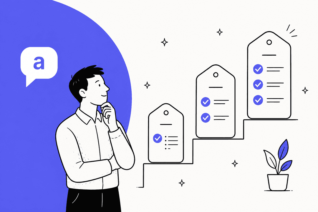 Asyntai pricing hero banner, a hand-drawn person looking up a staircase of three price tags next to the Asyntai logo on an indigo background