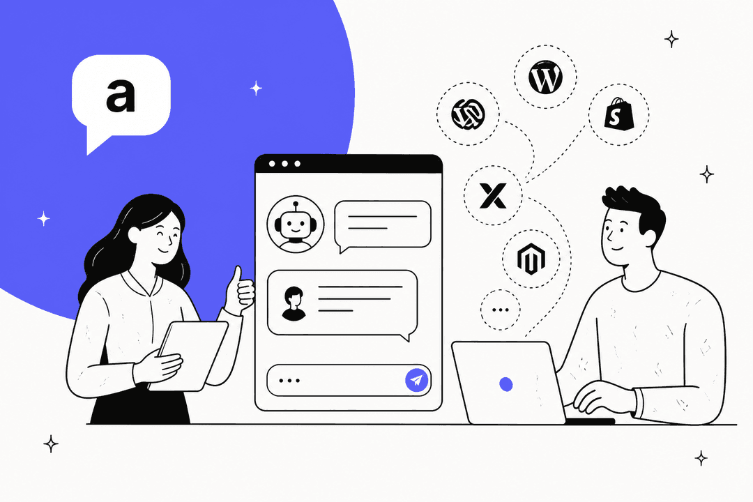 Asyntai review hero banner, a hand-drawn chat window between two people with WordPress, Shopify, Magento and other platform icons linked to it, on an indigo background