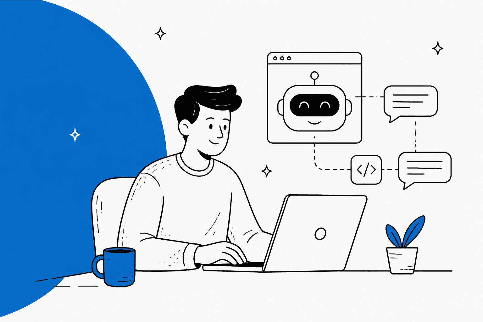 Illustration of a developer at a laptop building a chatbot with Azure Bot Service