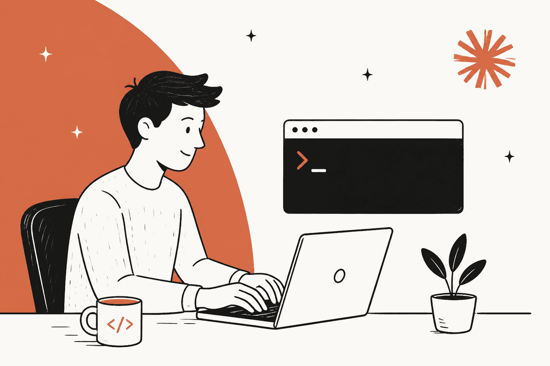 Illustration of a developer typing at a laptop beside a terminal window