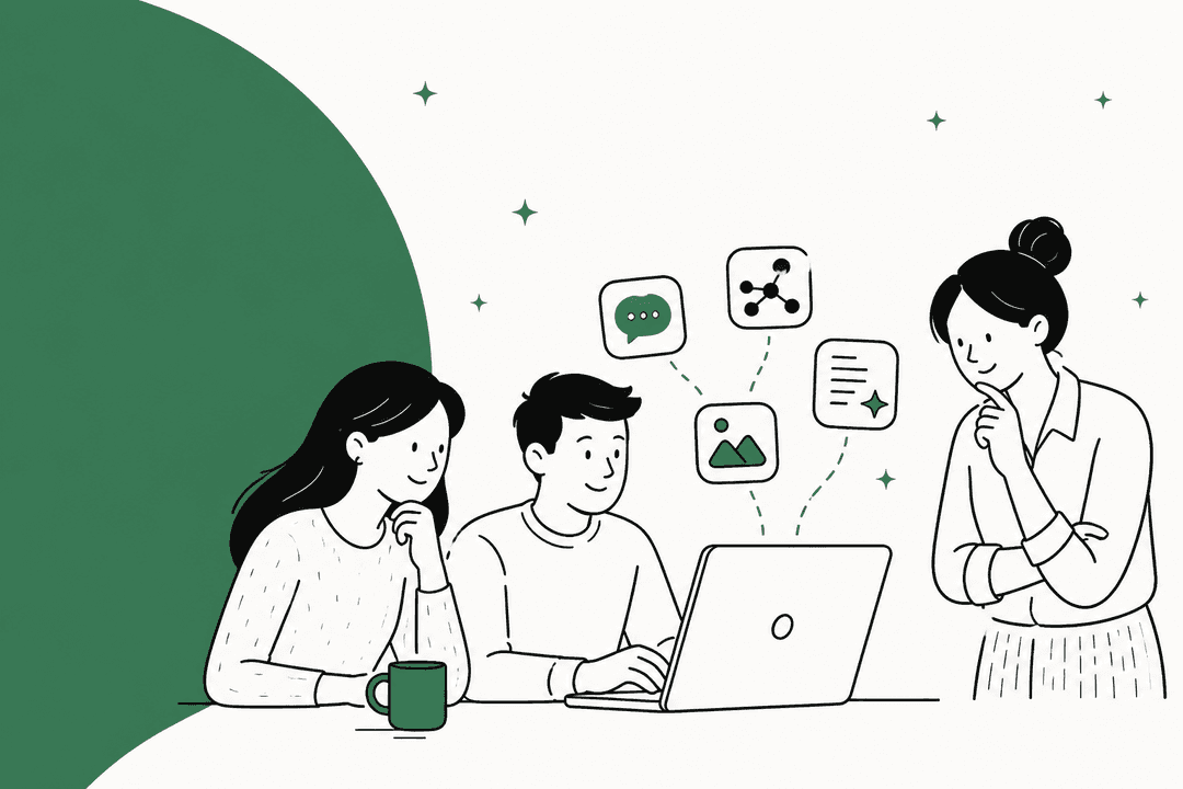 Hand-drawn illustration of three colleagues comparing AI apps for work on a laptop in 2026