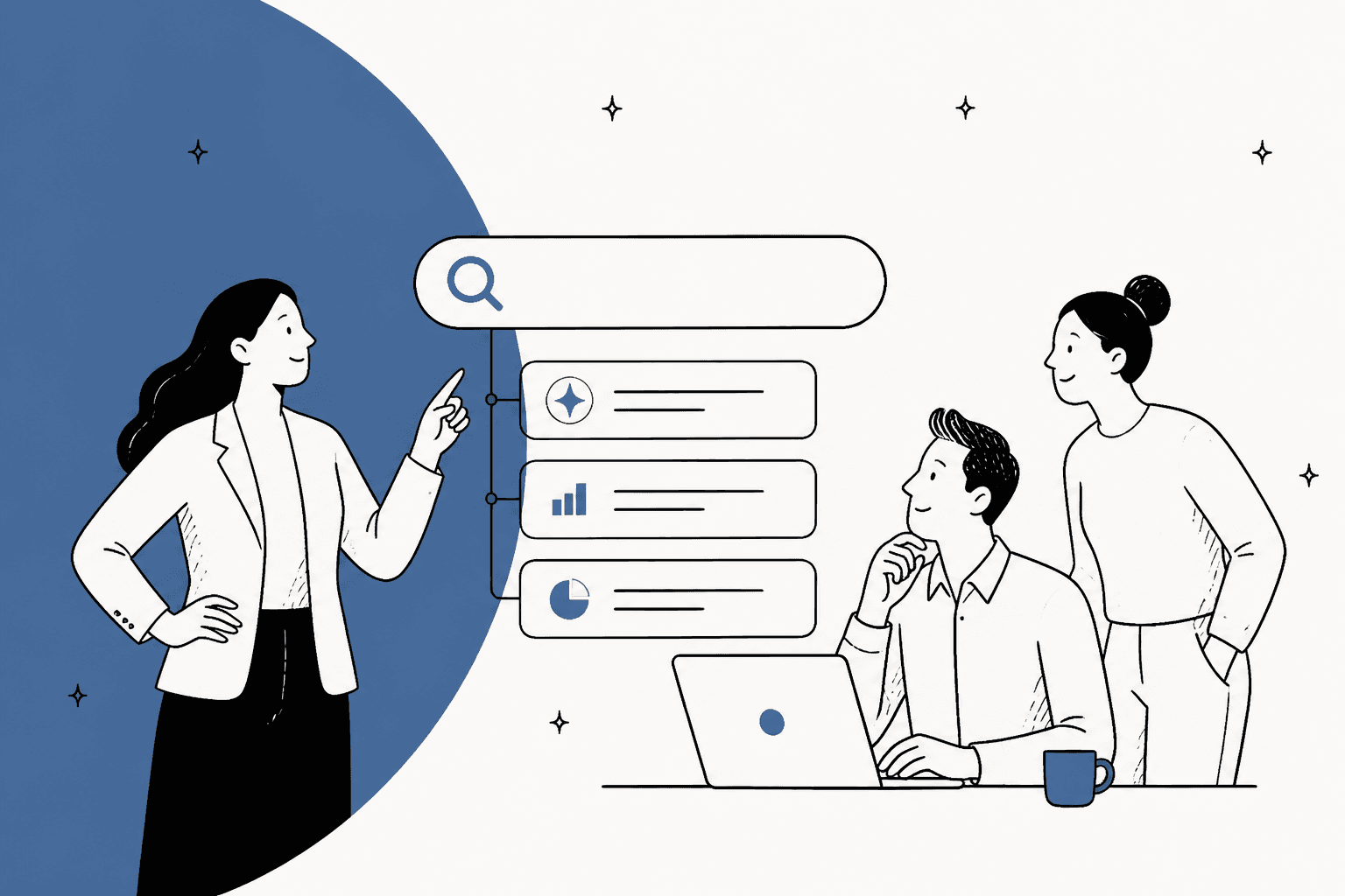 Illustrated team looking at an AI search bar with ranked answers, for the best AI search assistants in 2026
