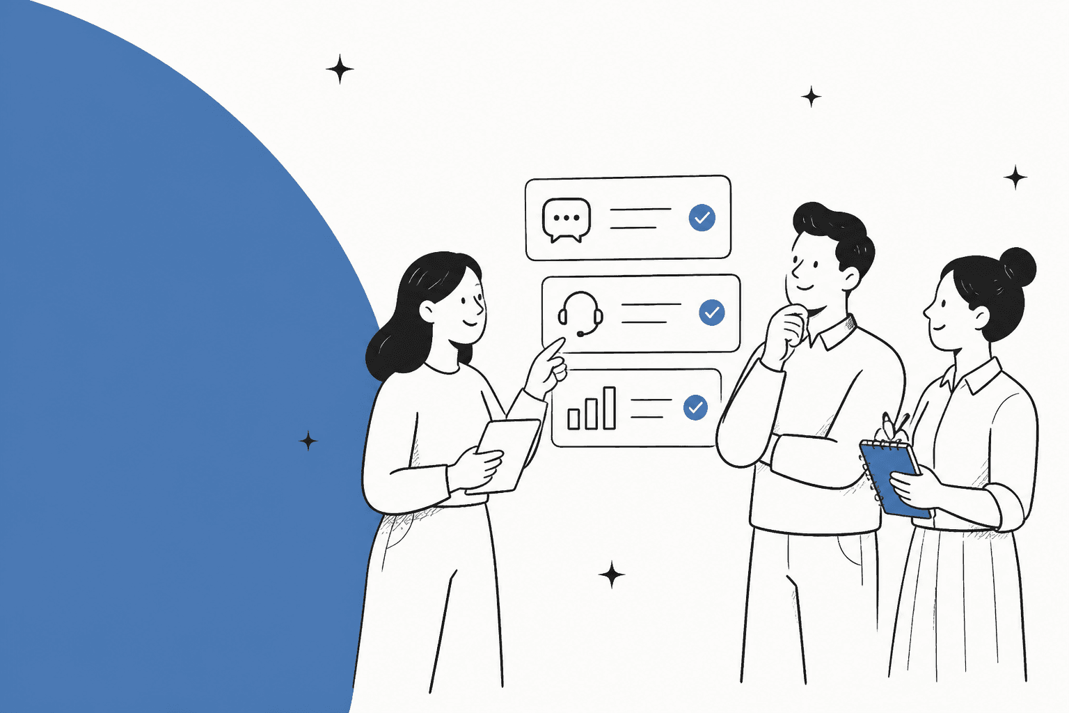 Illustration of three support colleagues comparing customer service software options, with a blue half circle on the left
