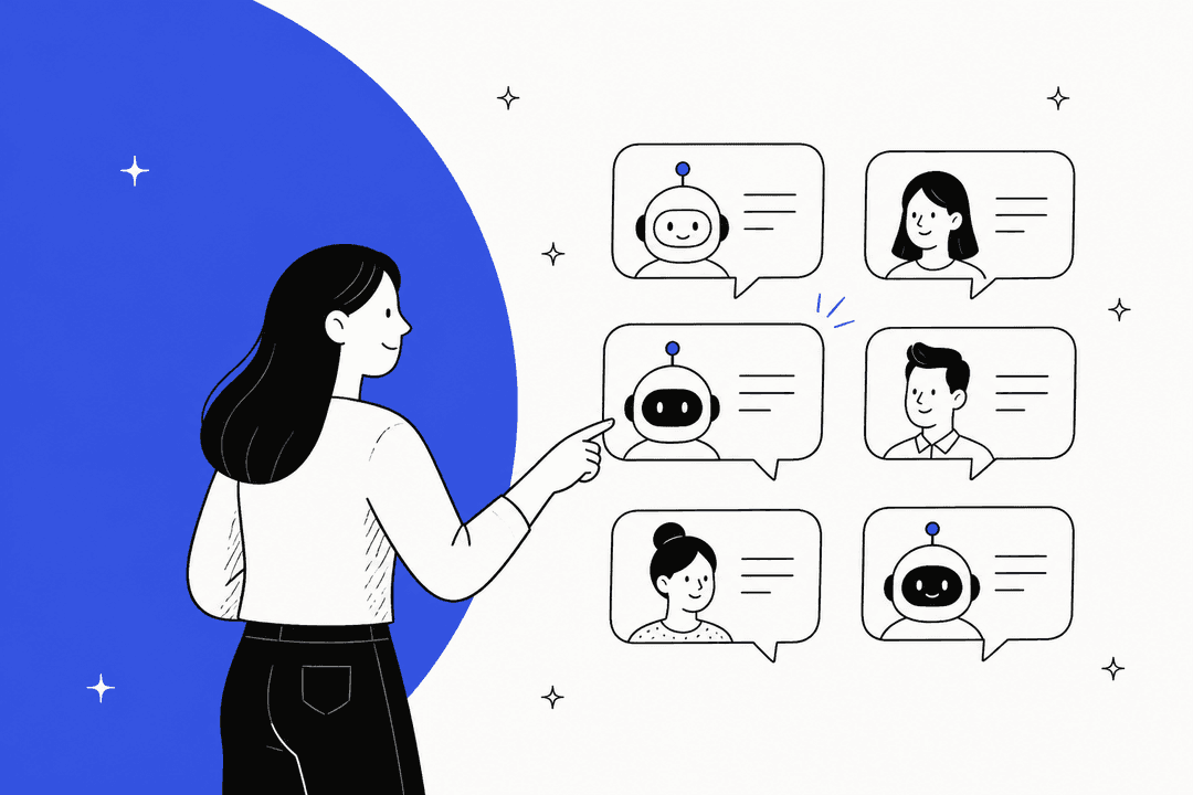 Hand-drawn store owner pointing at a grid of chat cards, some with AI bots and some with people, on a bright blue shape