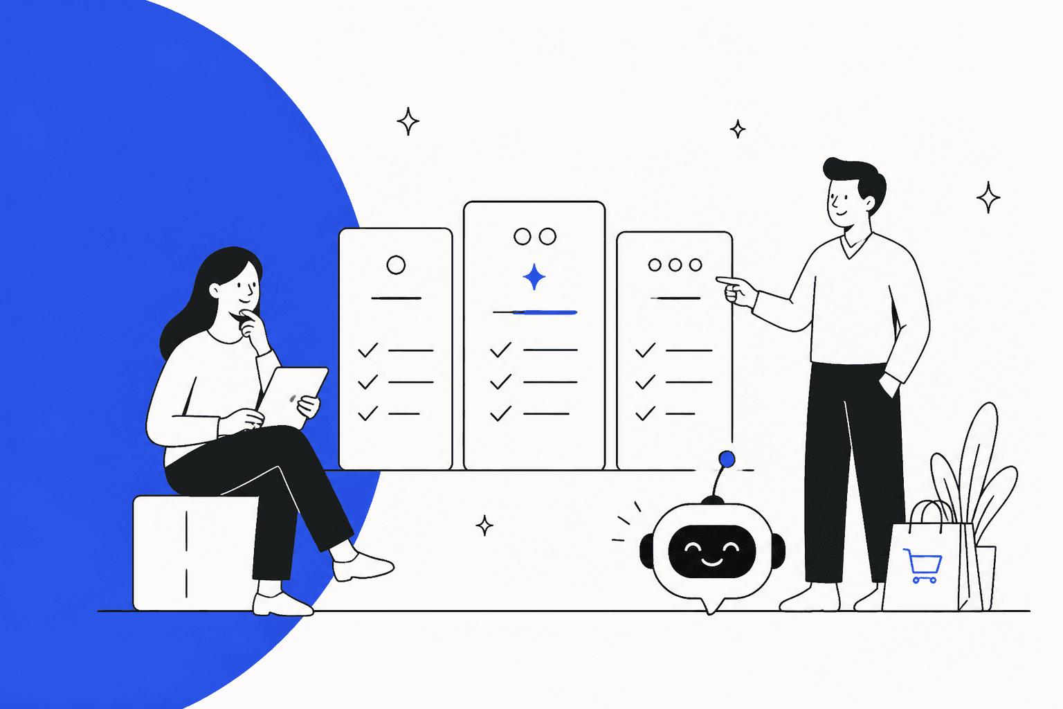 BestChat pricing hero banner, a hand-drawn store owner on a tablet weighing three pricing cards while a colleague points at them and a small chatbot sits beside a shopping bag, on a bright blue background