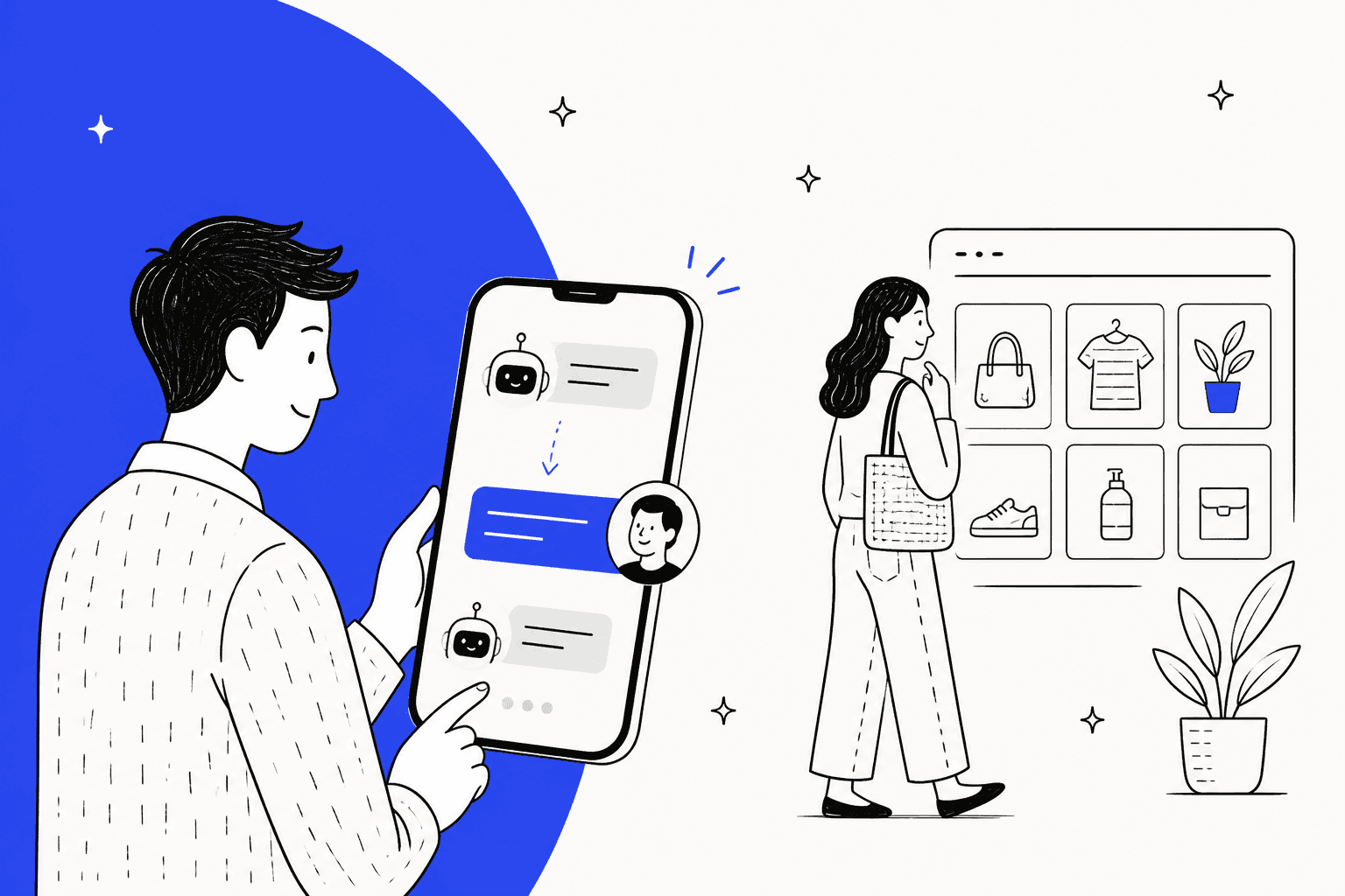 BestChat review hero banner, a hand-drawn store owner on a phone taking over a chat from an AI bot while a shopper browses product shelves, on a bright blue background