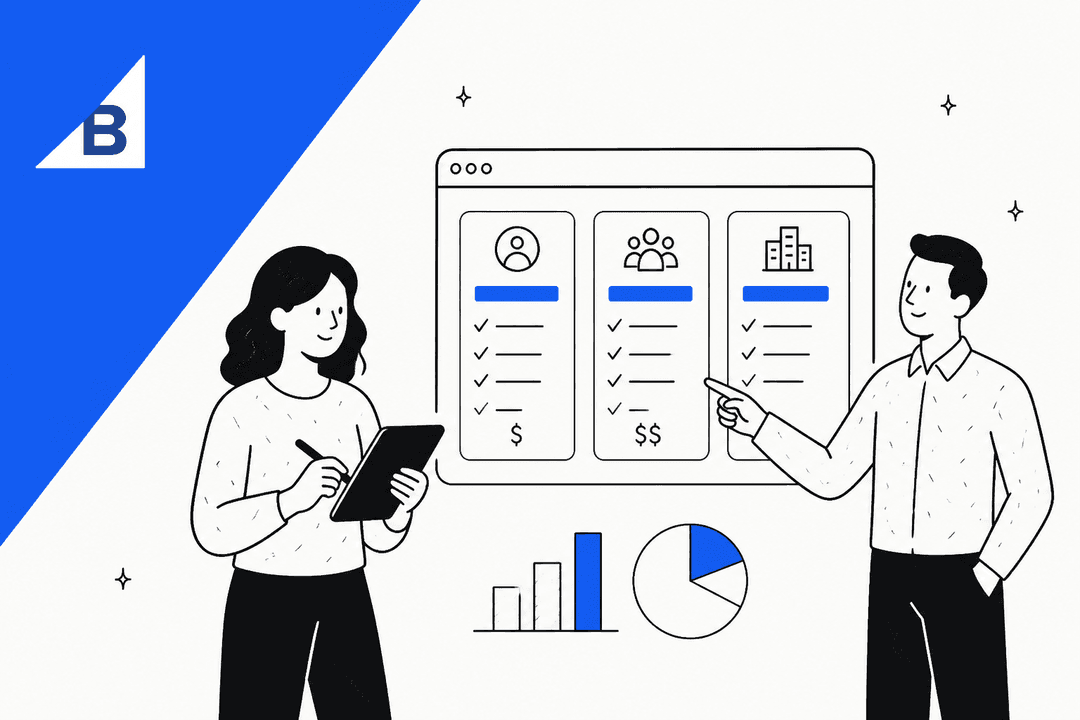 BigCommerce pricing 2026: illustration of two people reviewing plan tiers beside the BigCommerce logo