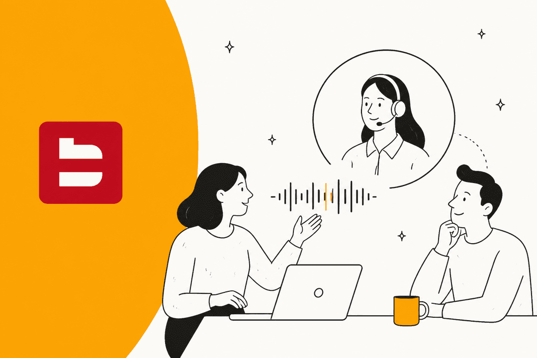 Ilustración dibujada a mano de dos personas en una mesa hablando con un agente telefónico de IA con auriculares, junto al logotipo de Bland sobre una forma ámbar