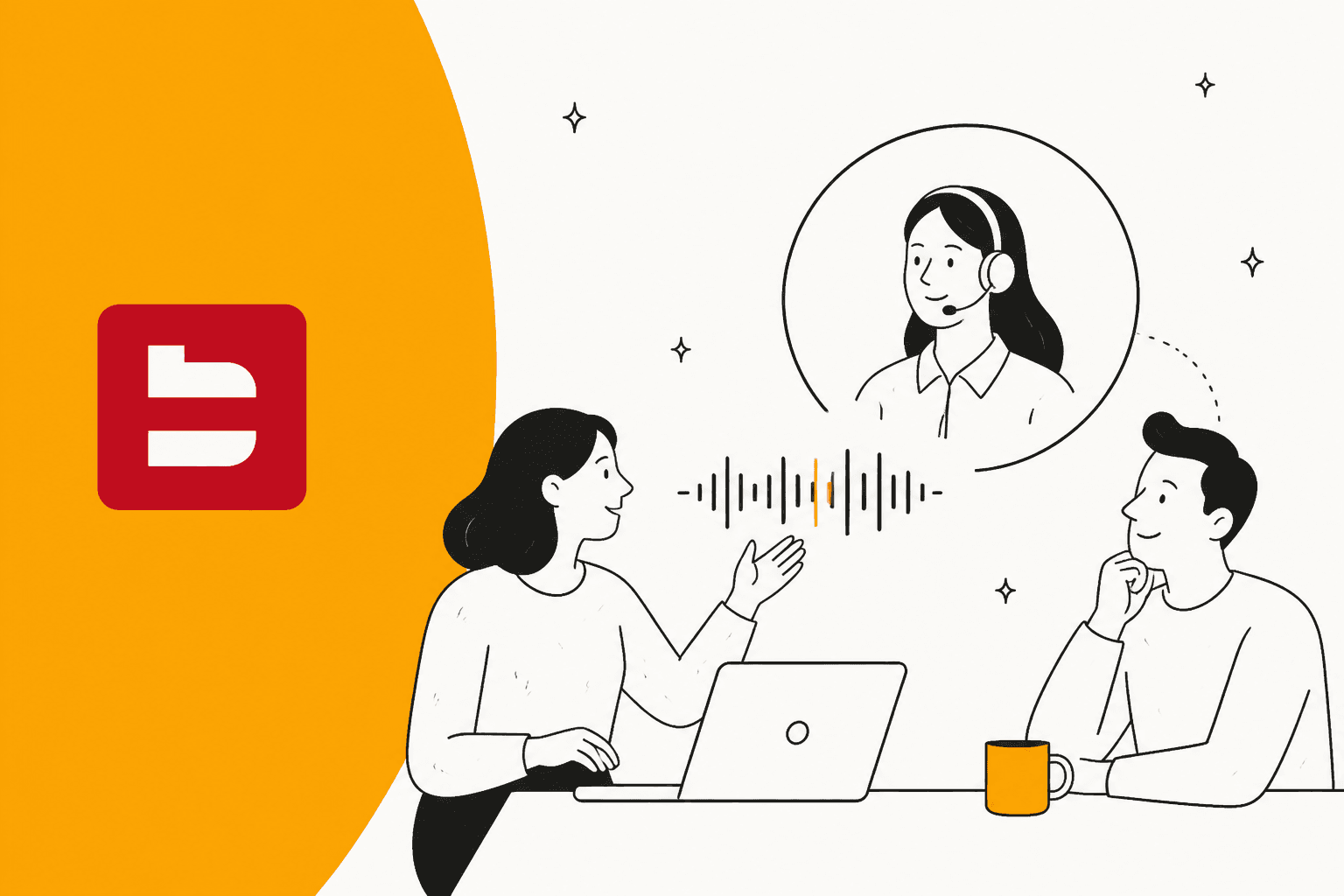 Ilustración dibujada a mano de dos personas en una mesa hablando con un agente telefónico de IA con auriculares, junto al logotipo de Bland sobre una forma ámbar