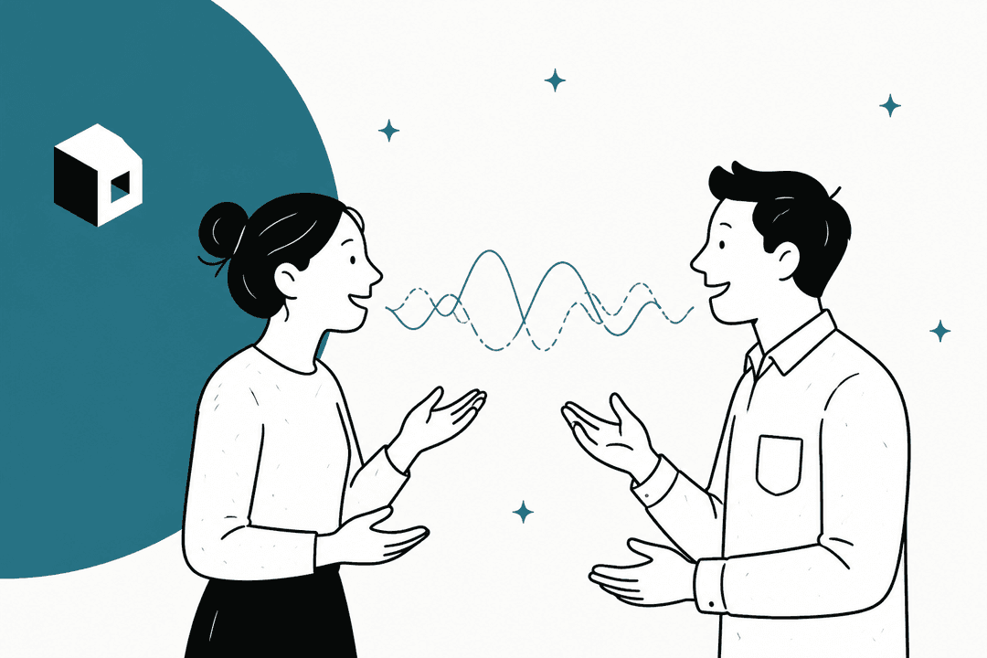 Two people talking with overlapping sound waves between them, next to the Block logo, in teal