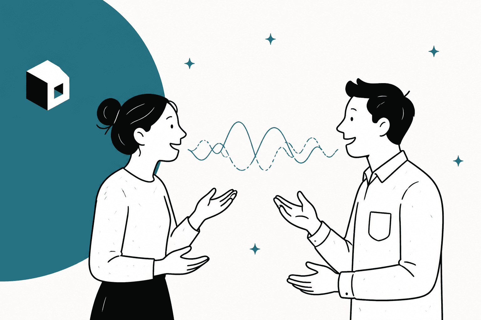 Two people talking with overlapping sound waves between them, next to the Block logo, in teal