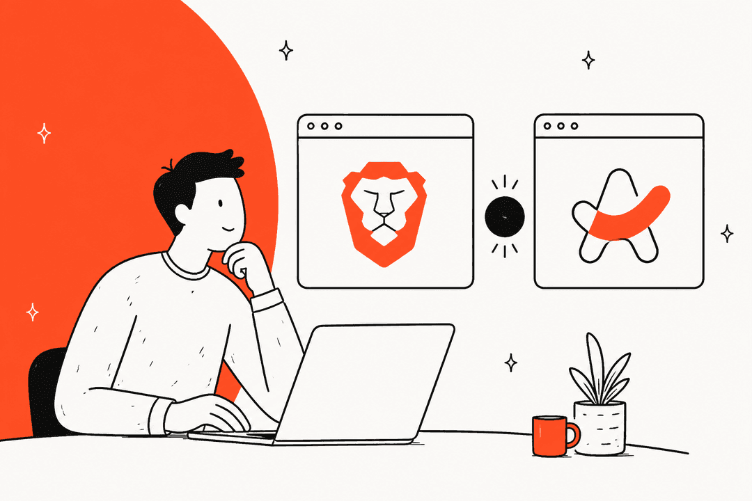 Illustration of a person at a laptop comparing the Brave Leo and Arc Search logos