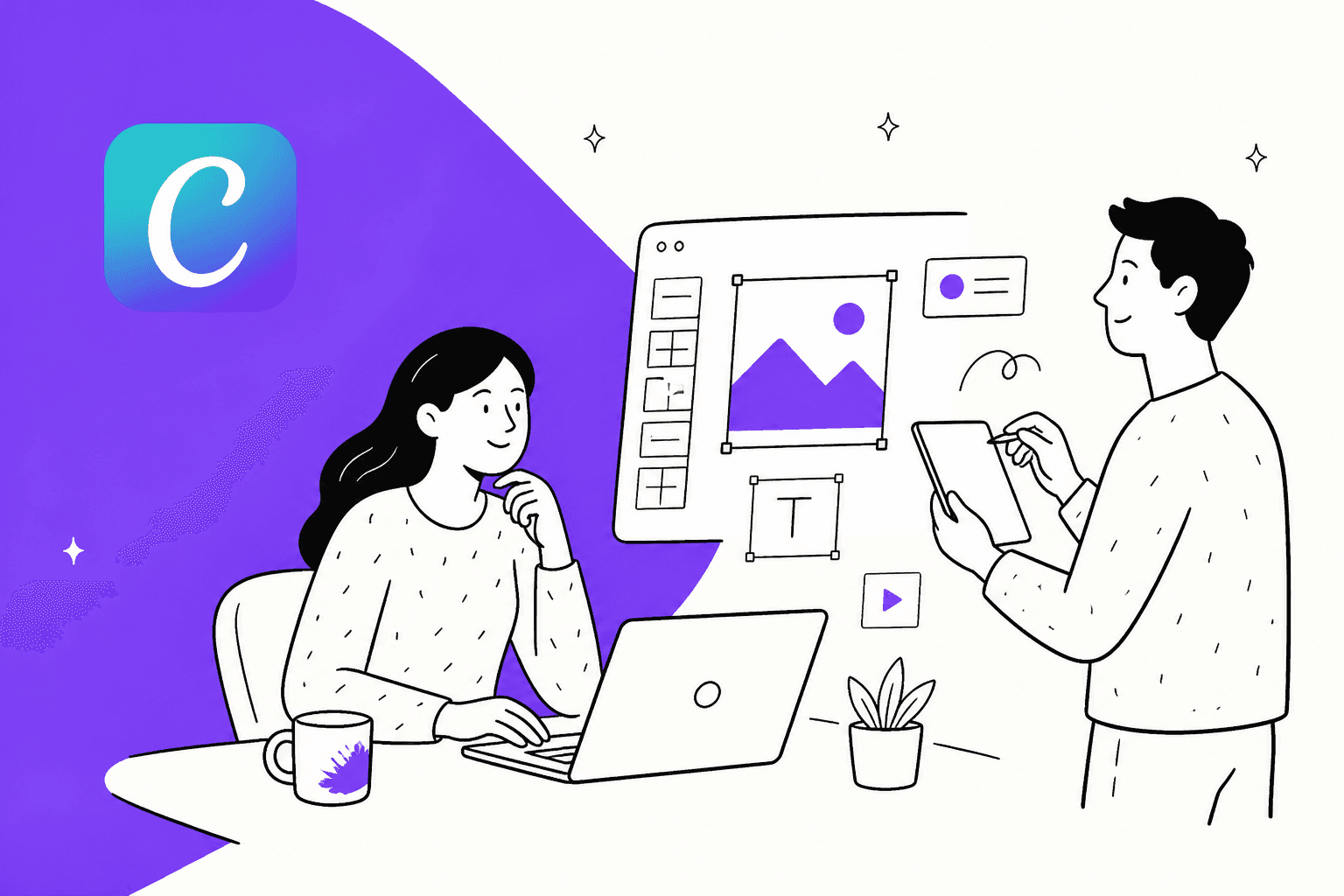 Hand-drawn illustration of two marketers working on a design canvas with an image frame and text box, next to the Canva logo