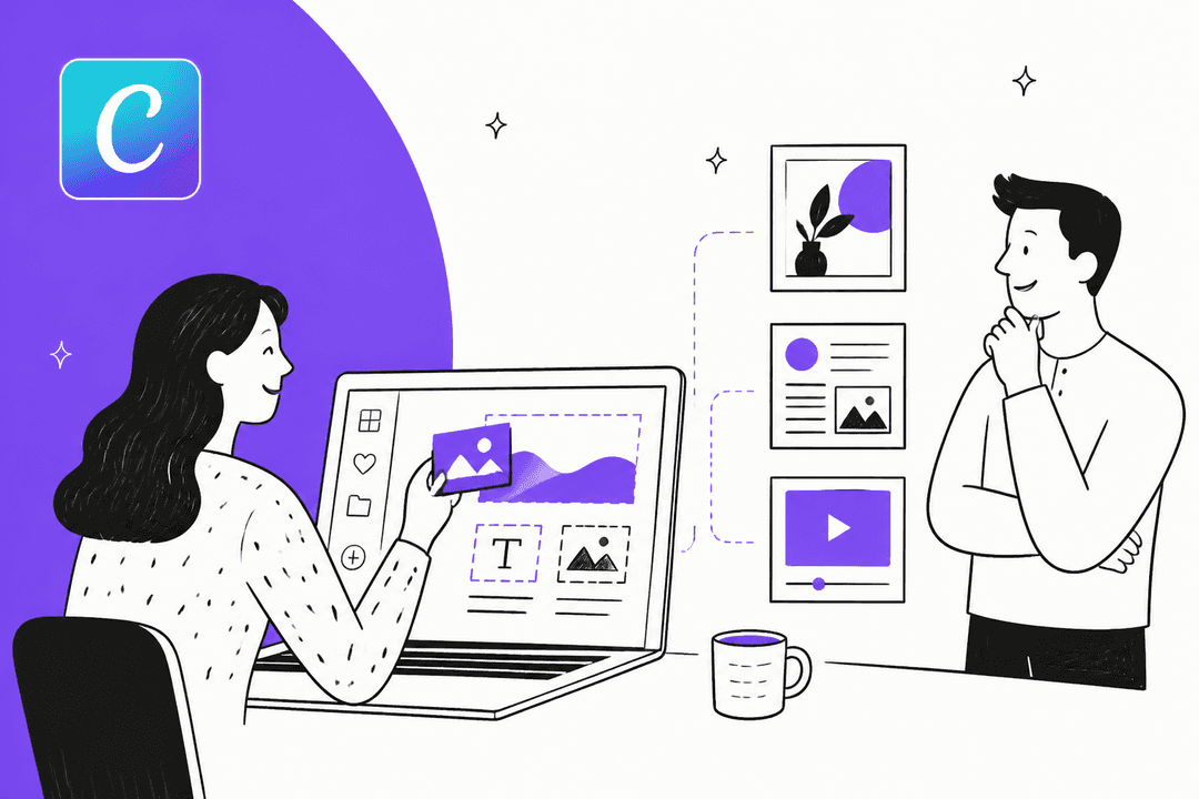 Hand-drawn illustration of a designer at a laptop arranging generated images and layout blocks in Canva