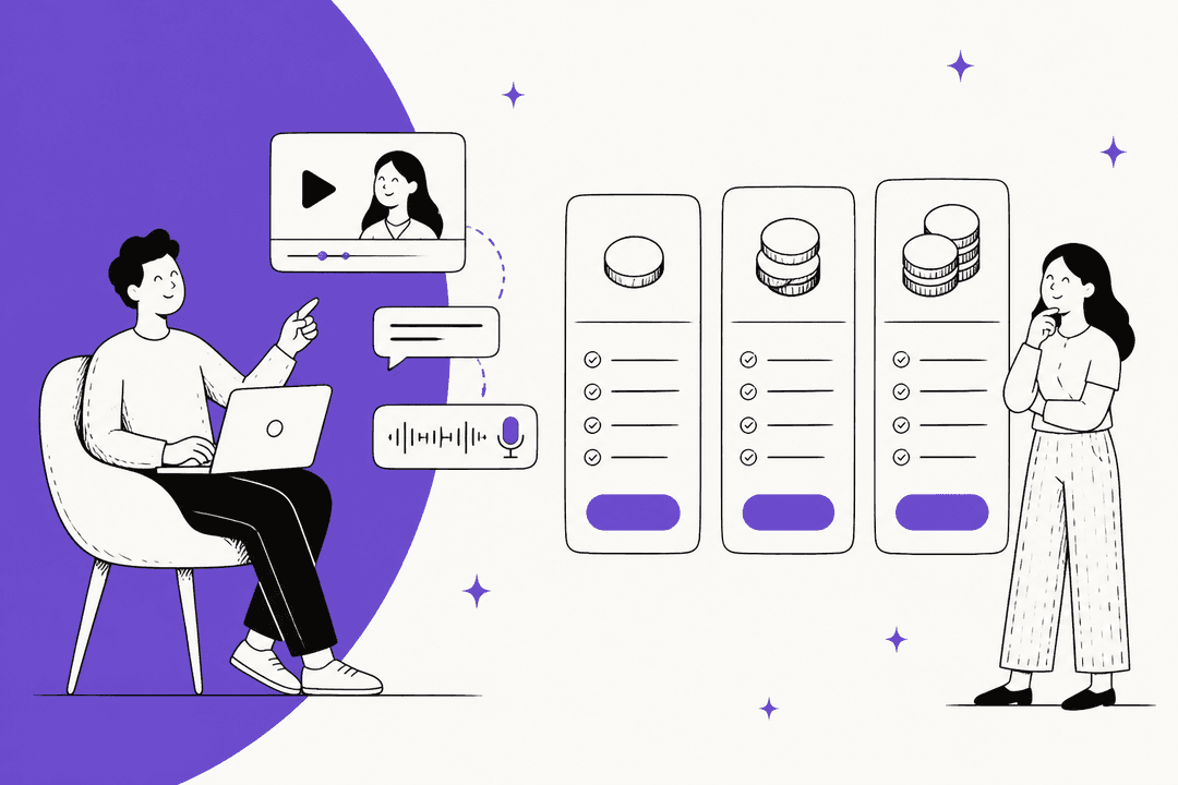Illustration of a creator editing a video next to three stacked credit plan cards