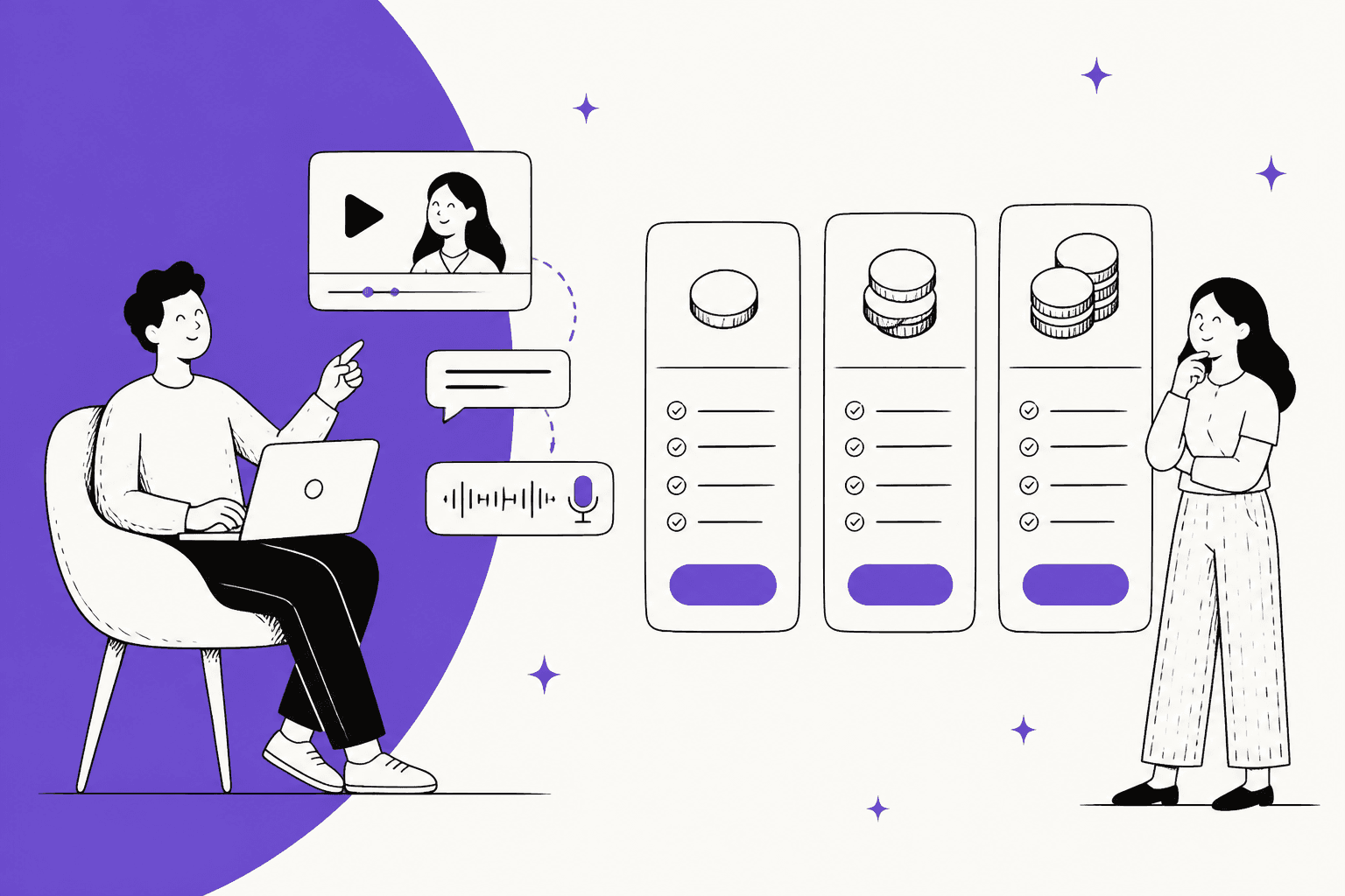 Illustration of a creator editing a video next to three stacked credit plan cards