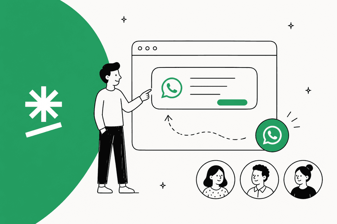 Hand-drawn illustration of a person pointing at a WhatsApp chat card on a website, a floating green chat button, three team member profiles and the Certified Code logo on a green circle
