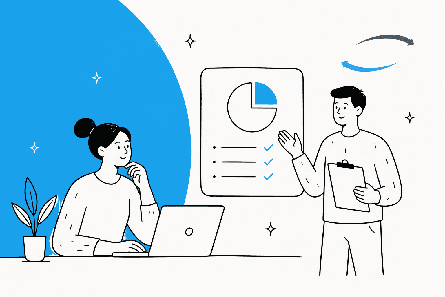 Hand-drawn illustration of a seller at a laptop and a colleague presenting a pie chart and checklist, for a ChannelReply pricing breakdown