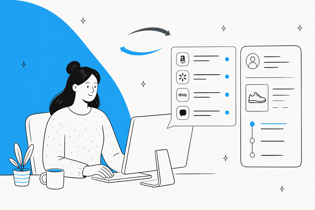 Hand-drawn illustration of a support agent at a computer with Amazon, Walmart and eBay messages in one list beside an order details panel, for a ChannelReply review