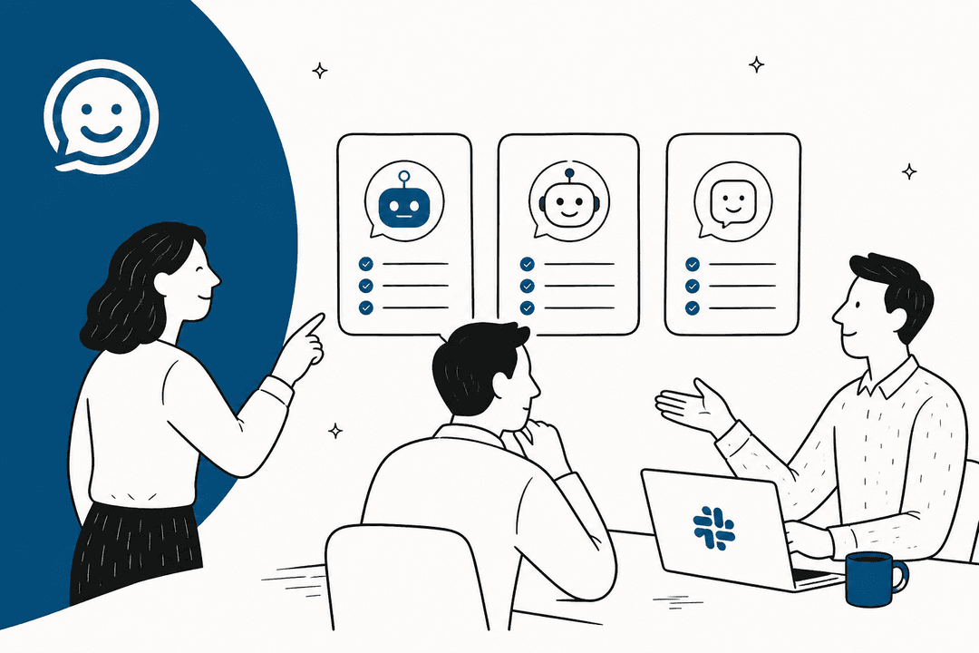 Hand-drawn illustration of three teammates comparing three AI answer bot cards on a wall, with Slack open on a laptop, for a Chat Aid alternatives roundup
