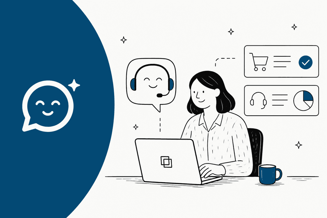 Hand-drawn illustration of a support agent at a laptop with an AI assistant chat bubble and order and ticket cards, for a Chat Aid pricing breakdown