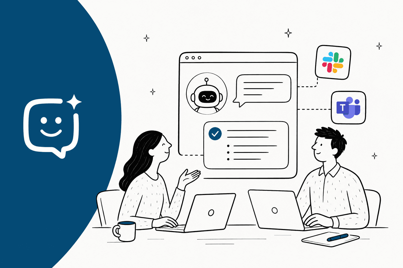 Hand-drawn illustration of two teammates at laptops asking an AI assistant questions, with Slack and Microsoft Teams connected, for a Chat Aid review
