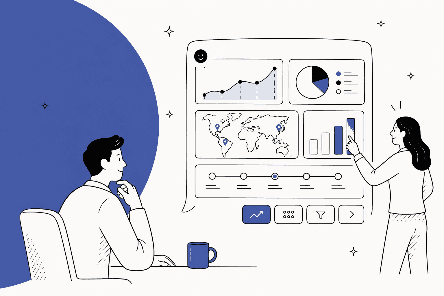 Hand-drawn illustration of a chat answer made of a line chart, pie chart, world map, timeline and buttons, with one person pointing at a bar chart and another watching from a desk