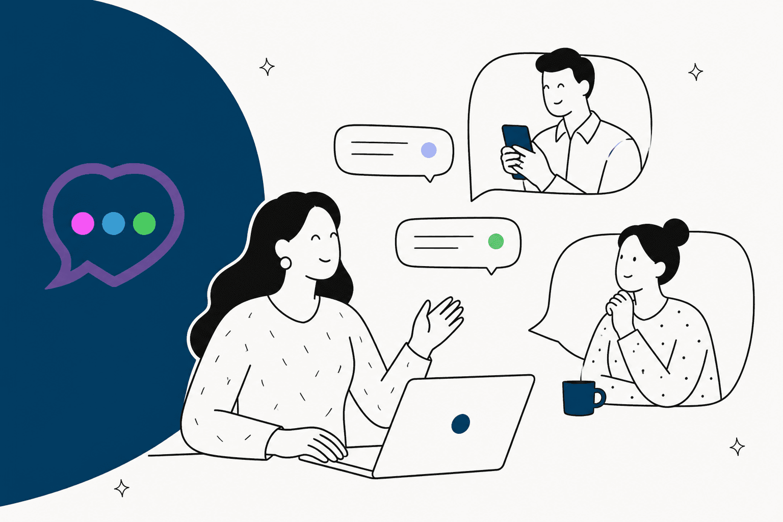 Hand-drawn hero banner in Chatra navy with the Chatra speech bubble logo, a store owner at a laptop chatting with two shoppers through floating message bubbles