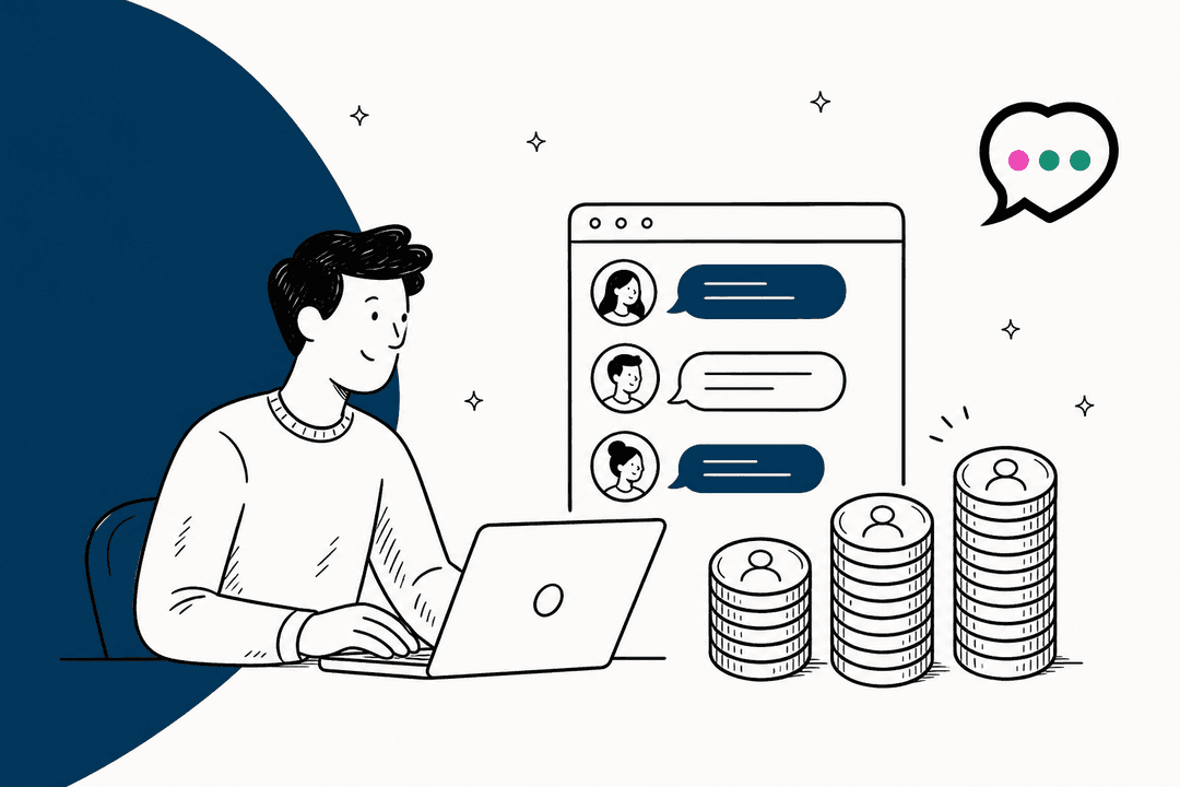 Chatra pricing hero banner in Chatra navy, a store owner at a laptop beside a chat window and three growing stacks of coins stamped with agent avatars, with the Chatra speech bubble logo in the corner