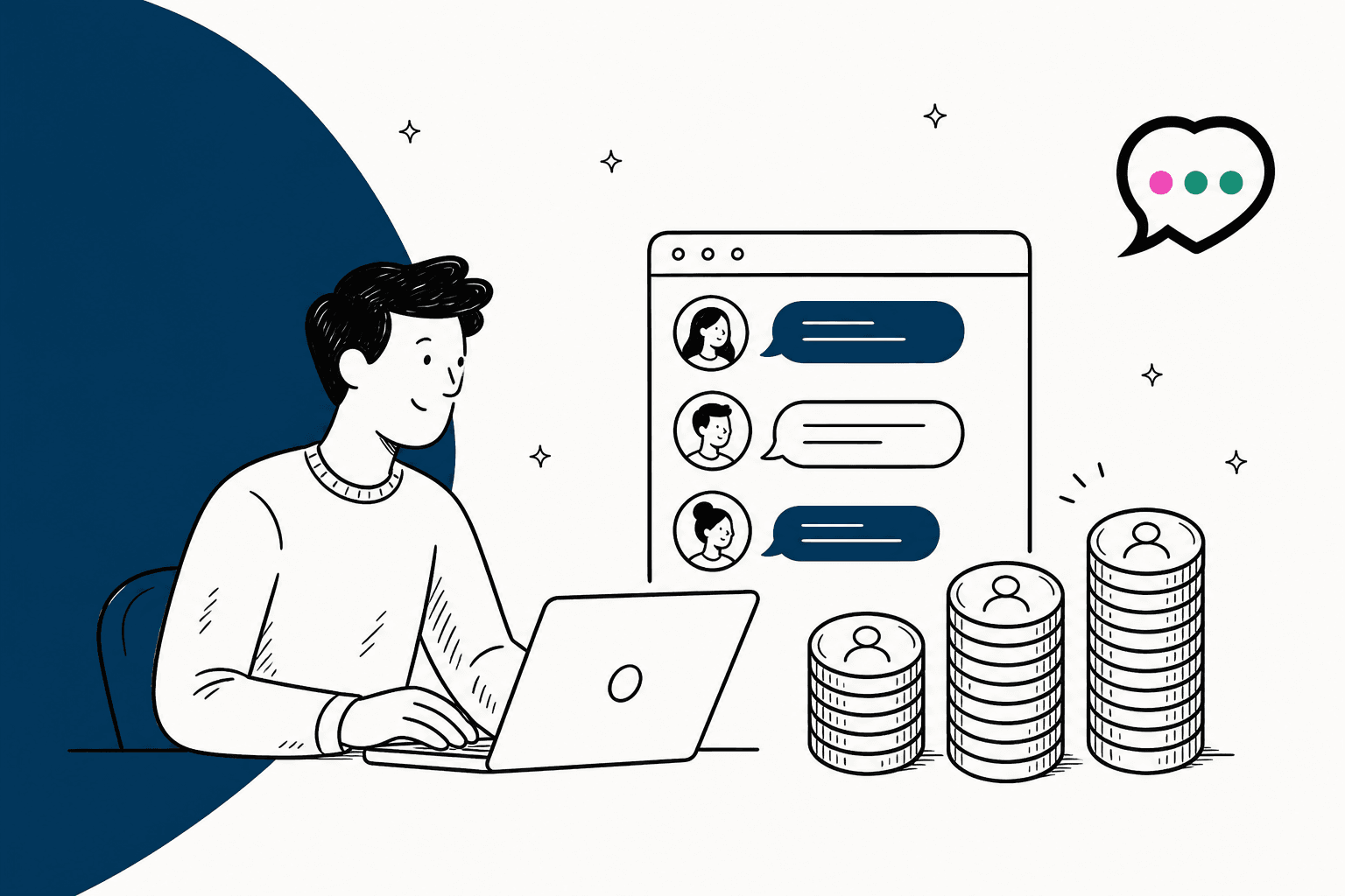 Chatra pricing hero banner in Chatra navy, a store owner at a laptop beside a chat window and three growing stacks of coins stamped with agent avatars, with the Chatra speech bubble logo in the corner
