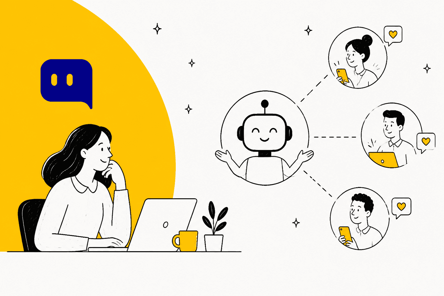 Hand-drawn illustration of a store owner at a laptop next to the Chatty logo, with a friendly chatbot connected to three customers