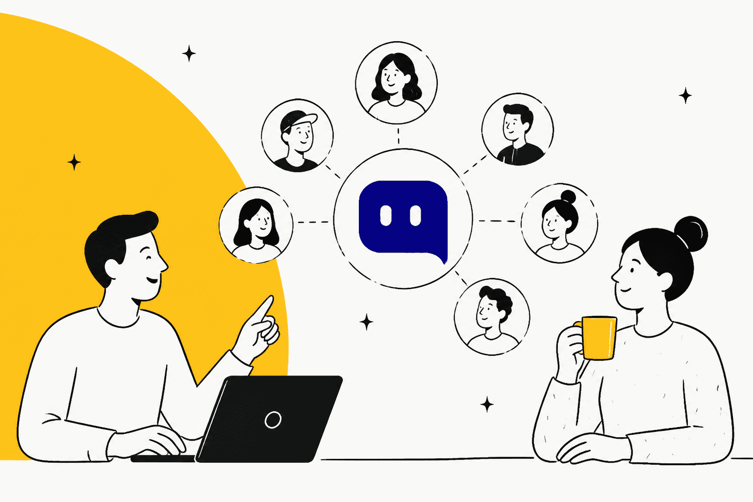 Hand-drawn illustration of two people discussing a Shopify store's customer chats around the Chatty logo