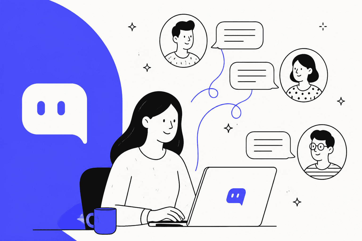 Chatty review hero banner in Chatty indigo, a store owner at a laptop answering three customer chat bubbles, with the Chatty chat-bubble logo on a bold indigo shape